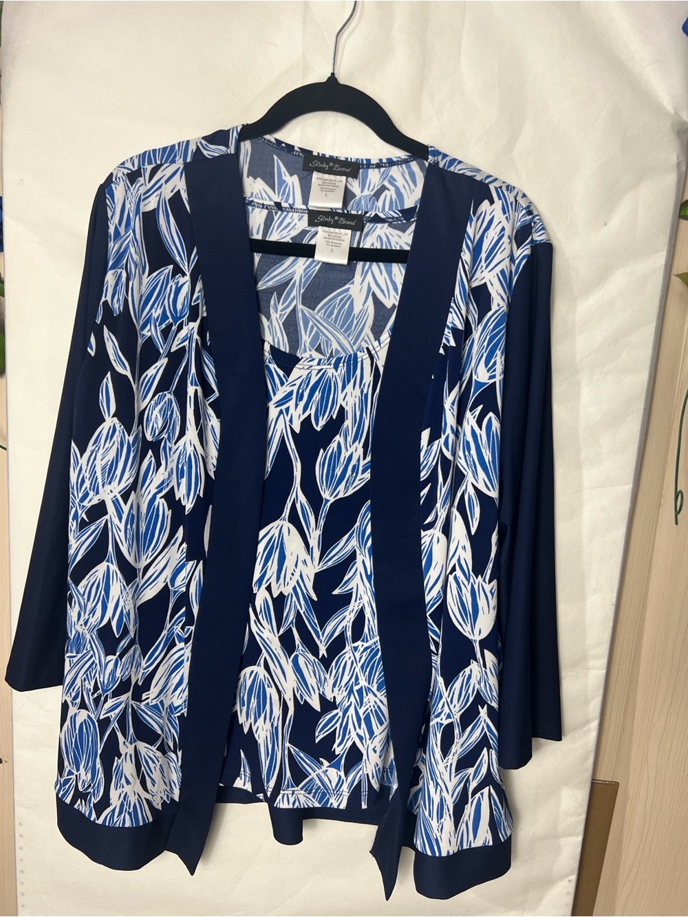 Slinky Brand Navy, White & Light Blue Floral Open Cardigan Tunic